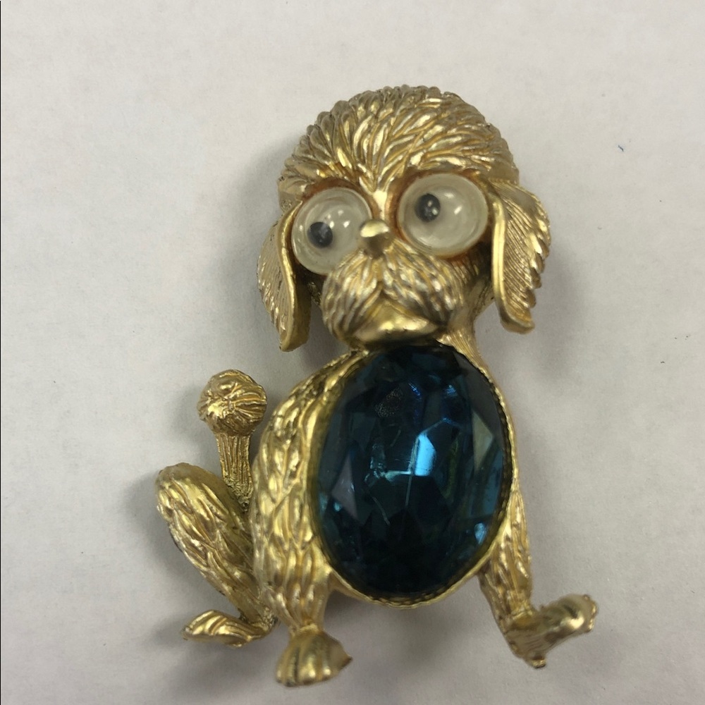 Golden and Blue Dog Brooch with goggly eyes